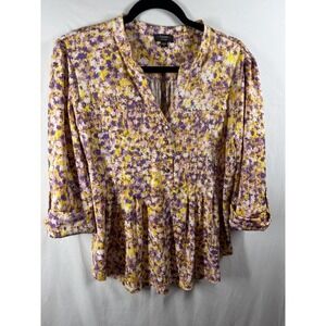 Cocomo Petite Women's PL Top Floral Purple Yellow Studded Henley 3/4 Roll